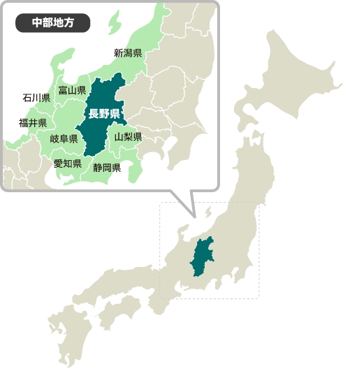 中部地方：長野県、新潟県、山梨県、富山県、石川県、福井県、岐阜県、愛知県、静岡県